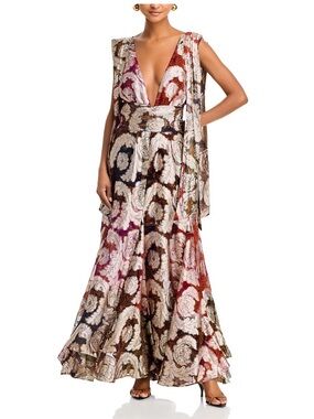 FARM Rio Metallic Plunging V-neck Maxi Dress, Red/Gold/Black, Size XL, NWT 🇧🇷